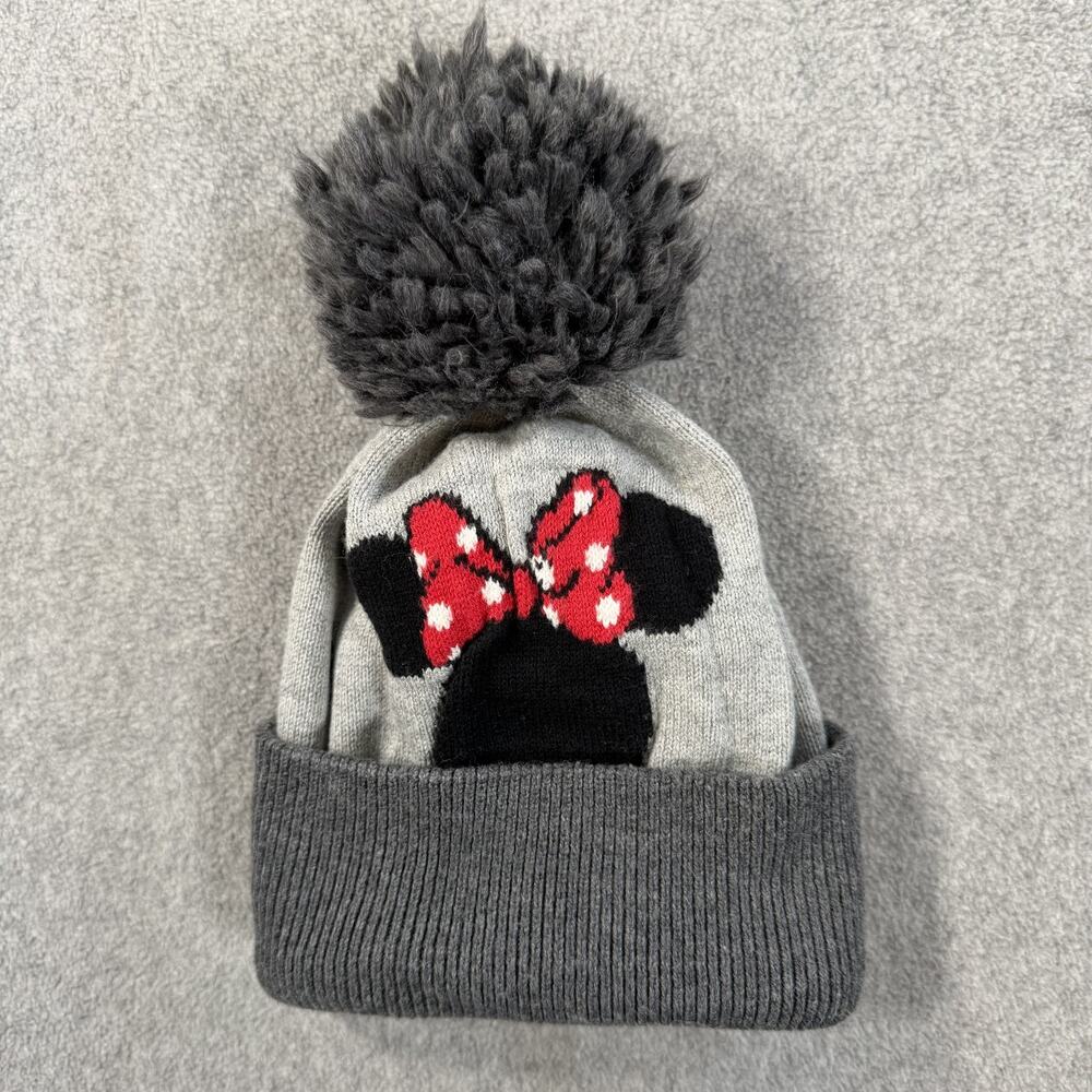 Baby GAP Disney Minnie Mouse Beanie Hat Size Small Grey Pom Pom Lined Winter